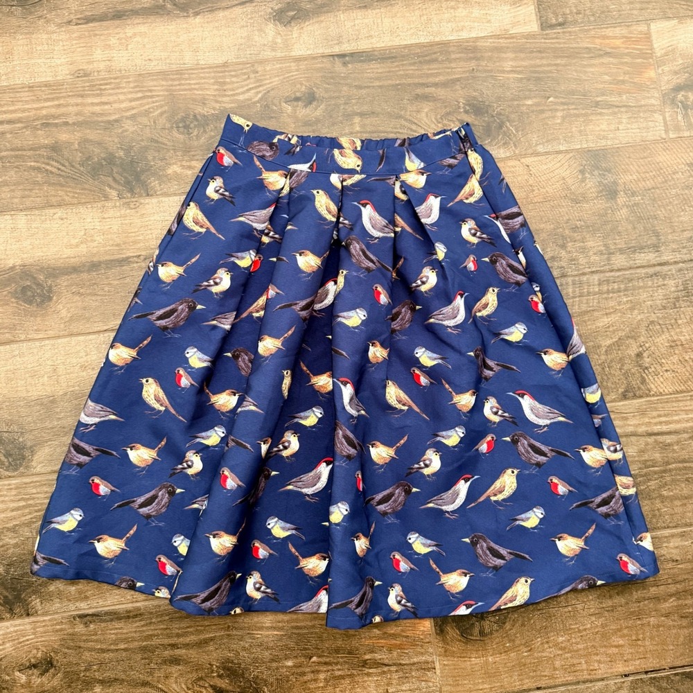 Handmade Women's Kitschy Retro Bird Pleated A-Line Midi Skirt, Blue, L